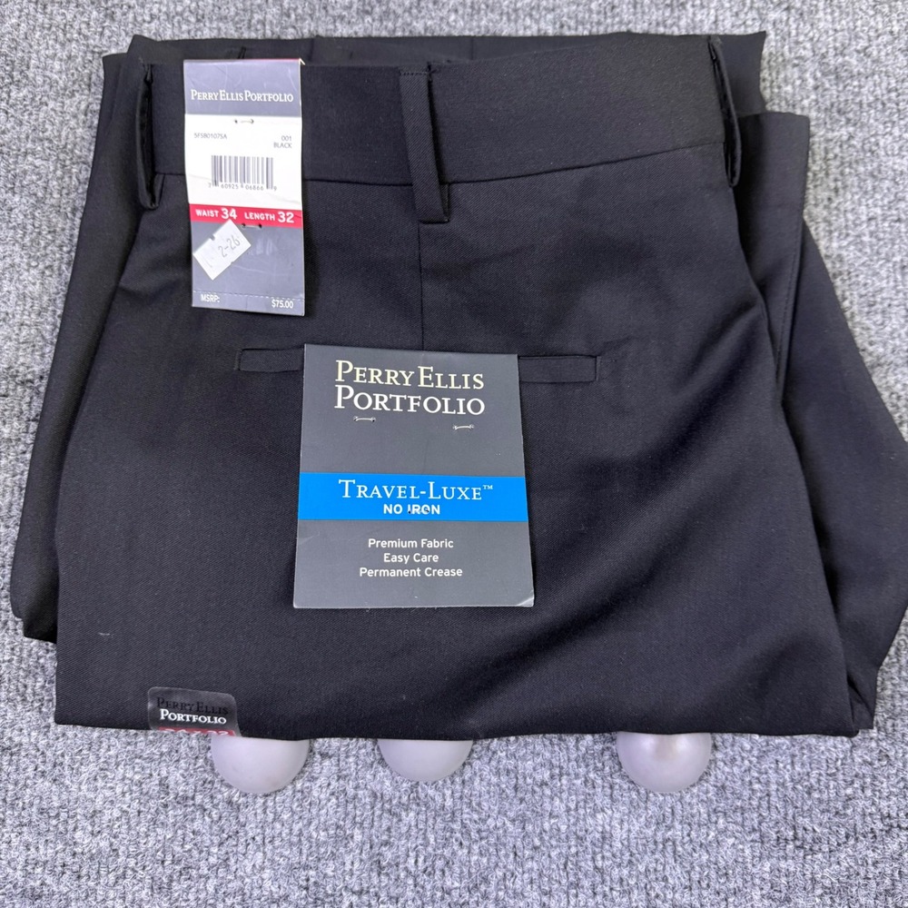 Perry Ellis Portfolio Men 34x32 Black Travel-Luxe No Iron Dress Pants NWT